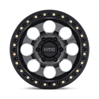 KMC KM550 RIOT SBL Anthracite W/ Satin Black Lip wheel showcasing rugged design and durability for off-road vehicles.