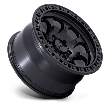 KMC KM550 RIOT SBL Satin Black wheel, designed for trucks and SUVs, showcasing aggressive styling and durability.