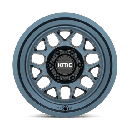 KMC KM725 TERRA Metallic Blue wheel featuring rugged design and aggressive styling for off-road enthusiasts.