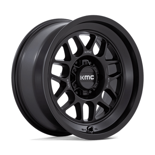 KMC KM725 TERRA Satin Black wheel displayed at an angle, showcasing its rugged design and aggressive styling.