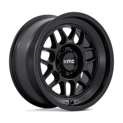 KMC KM725 TERRA Satin Black wheel displayed at an angle, showcasing its rugged design and aggressive styling.