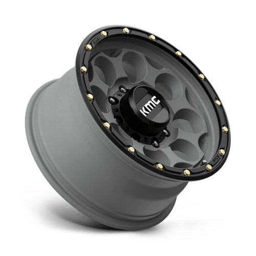KMC KM541 DIRTY HARRY Satin Gray W/ Black Lip wheel showcasing rugged design and stylish aesthetics.