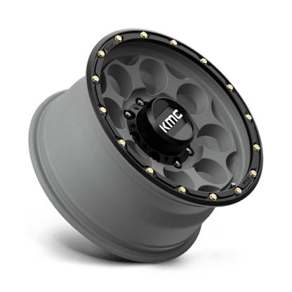 KMC KM541 DIRTY HARRY Satin Gray W/ Black Lip wheel showcasing rugged design and stylish aesthetics.