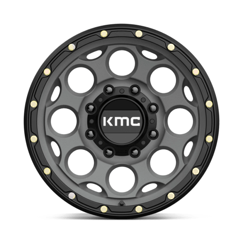 KMC KM541 DIRTY HARRY Satin Gray W/ Black Lip wheel featuring aggressive design and rugged aesthetics.
