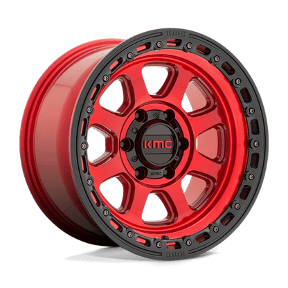 KMC KM548 CHASE Candy Red W/ Black Lip wheel showcasing aggressive design and off-road capability.