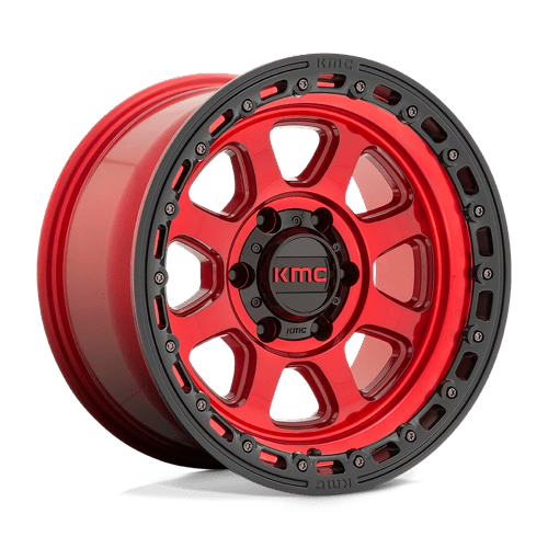 KMC KM548 CHASE Candy Red W/ Black Lip wheel showcasing aggressive design and off-road capability.