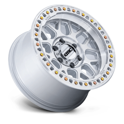 KMC KM549 GRS Gloss Silver W/ Machined Face wheel, ideal for trucks, Jeeps, and SUVs, featuring a bold design and durability.