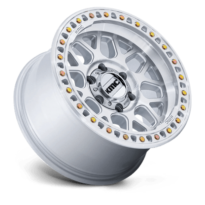 KMC KM549 GRS Gloss Silver W/ Machined Face wheel, ideal for trucks, Jeeps, and SUVs, featuring a bold design and durability.