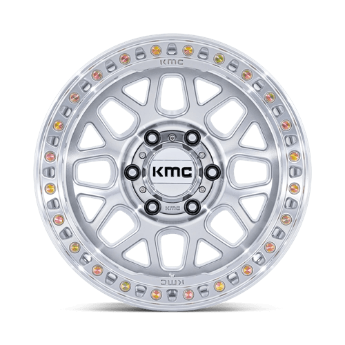 KMC KM549 GRS Gloss Silver W/ Machined Face wheel showcasing a bold and aggressive design for off-road vehicles.