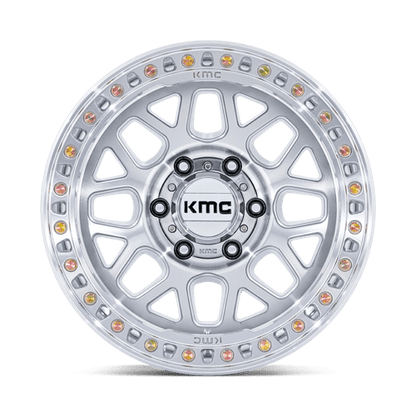 KMC KM549 GRS Gloss Silver W/ Machined Face wheel showcasing a bold and aggressive design for off-road vehicles.