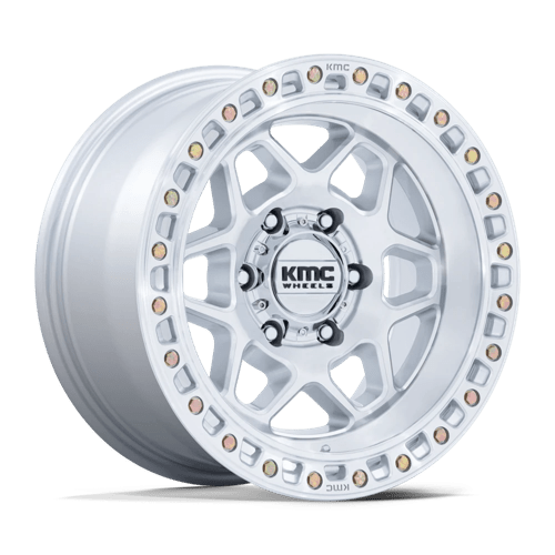 KMC KM553 TORX Gloss Silver W/ Machined Face off-road wheel with aggressive styling for trucks and SUVs.