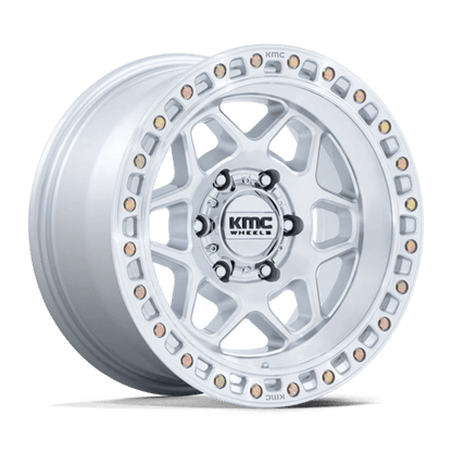 KMC KM553 TORX Gloss Silver W/ Machined Face off-road wheel with aggressive styling for trucks and SUVs.