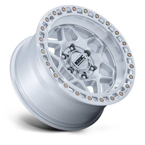 KMC KM553 TORX Gloss Silver W/ Machined Face wheel showcasing durable design and aggressive styling.