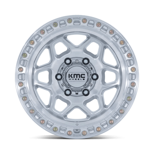 KMC KM553 TORX Gloss Silver W/ Machined Face off-road wheel for trucks and SUVs with aggressive styling.