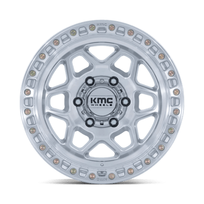 KMC KM553 TORX Gloss Silver W/ Machined Face off-road wheel for trucks and SUVs with aggressive styling.