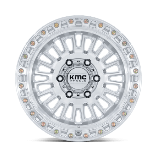 KMC KM554 AZTEC Gloss Silver W/ Machined Face wheel, designed for rugged trucks and SUVs.