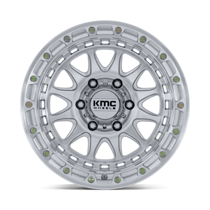 KMC KM556 CRUX Gloss Silver W/ Machined Face wheel featuring a rugged design for trucks and SUVs.