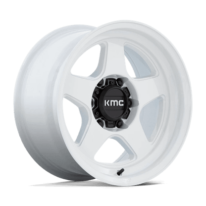 KMC KM728 LOBO Gloss White wheel showcasing rugged design and aggressive style for off-road vehicles.
