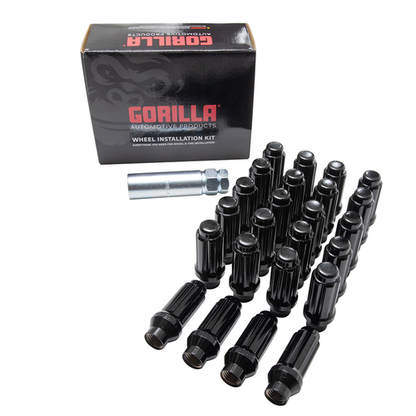 Gorilla Lug Nuts 24 PC Wheel Kit With Spline Key, complete kit with black lug nuts and spline key for wheel installation.