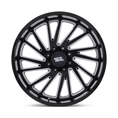Moto Metal MO811 COMBAT Gloss Black Milled wheel featuring a rugged multi-spoke design for trucks and SUVs.