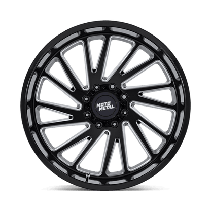 Moto Metal MO811 COMBAT Gloss Black Milled wheel featuring a rugged multi-spoke design for trucks and SUVs.
