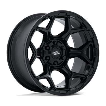 Moto Metal MO815 DUX Gloss Black wheel showcasing a sleek design and deep concave profile, ideal for performance vehicles.