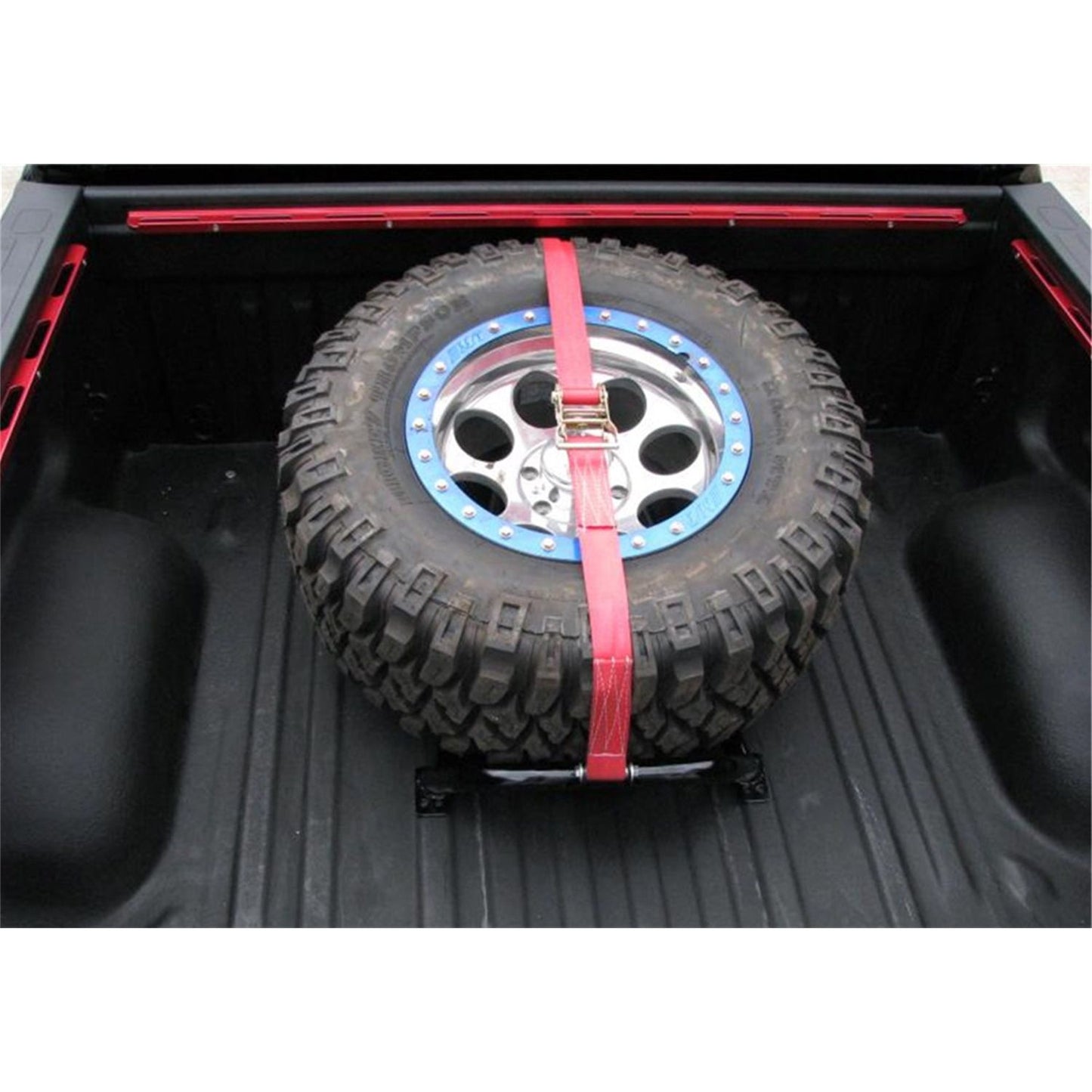 N-Fab | Gloss Black Bed Mounted Rapid Strap Tire Carrier w/Red Strap | BM1TSRD