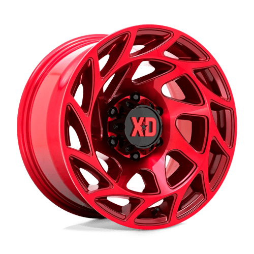 XD XD860 ONSLAUGHT Candy Red wheel showcasing rugged design and aggressive style for off-road vehicles.