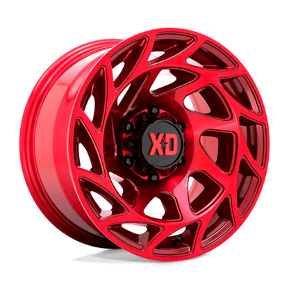XD XD860 ONSLAUGHT Candy Red wheel showcasing rugged design and aggressive style for off-road vehicles.