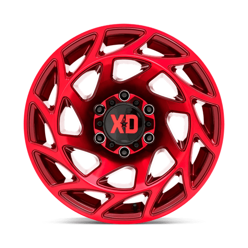 XD XD860 ONSLAUGHT Candy Red wheel showcasing rugged design and bold color, ideal for trucks and off-road vehicles.