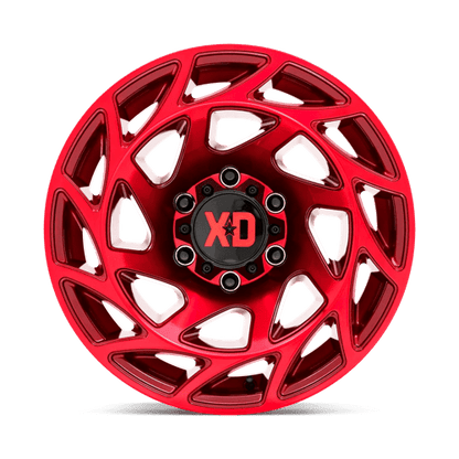 XD XD860 ONSLAUGHT Candy Red wheel showcasing rugged design and bold color, ideal for trucks and off-road vehicles.