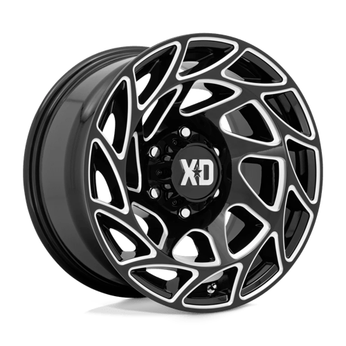 XD XD860 ONSLAUGHT Gloss Black Milled wheel, designed for rugged trucks and off-road vehicles.
