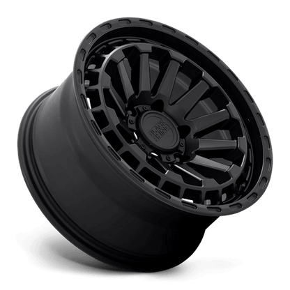Black Rhino RAID Matte Black wheel featuring a concave multi-spoke design and stylish accented lip.