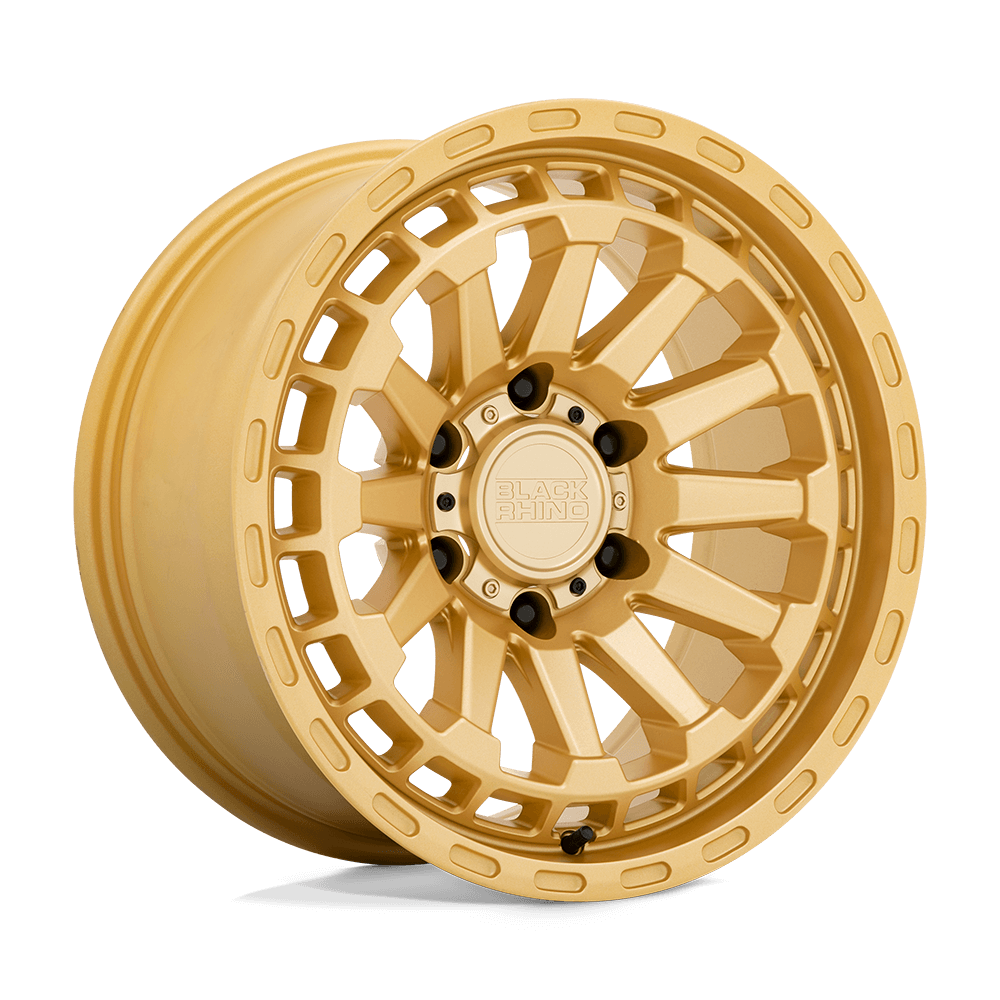 Black Rhino RAID Gold wheel showcasing its rugged design and striking gold finish for adventure vehicles.
