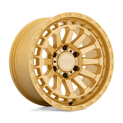 Black Rhino RAID Gold wheel showcasing its rugged design and striking gold finish for adventure vehicles.