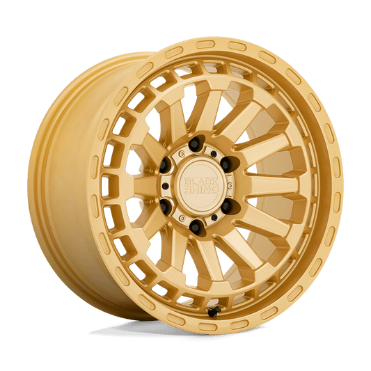 Black Rhino RAID Gold wheel showcasing its rugged design and striking gold finish for adventure vehicles.