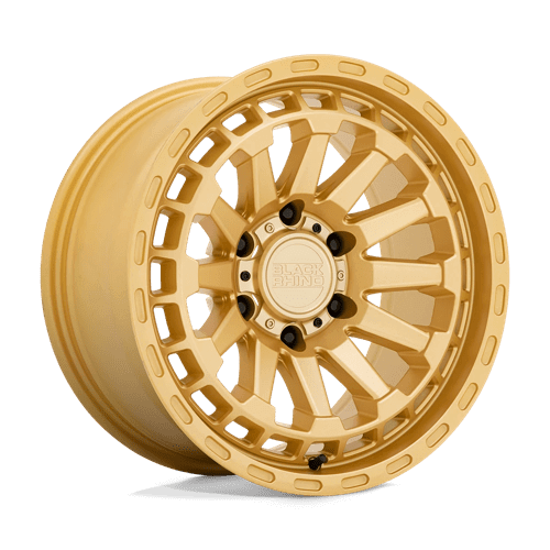 Black Rhino RAID Gold wheel showcasing a concave multi-spoke design with a vibrant gold finish.