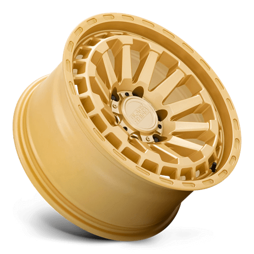 Black Rhino RAID Gold wheel showcasing a concave multi-spoke design and rugged finish.
