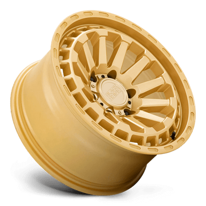 Black Rhino RAID Gold wheel showcasing a concave multi-spoke design and rugged finish.
