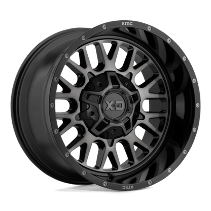 XD XD842 SNARE Gloss Black W/ Gray Tint wheel showcasing rugged design and aggressive styling for off-road vehicles.