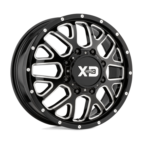 XD XD843 GRENADE DUALLY Gloss Black Milled wheel designed for heavy-duty trucks and off-road performance.