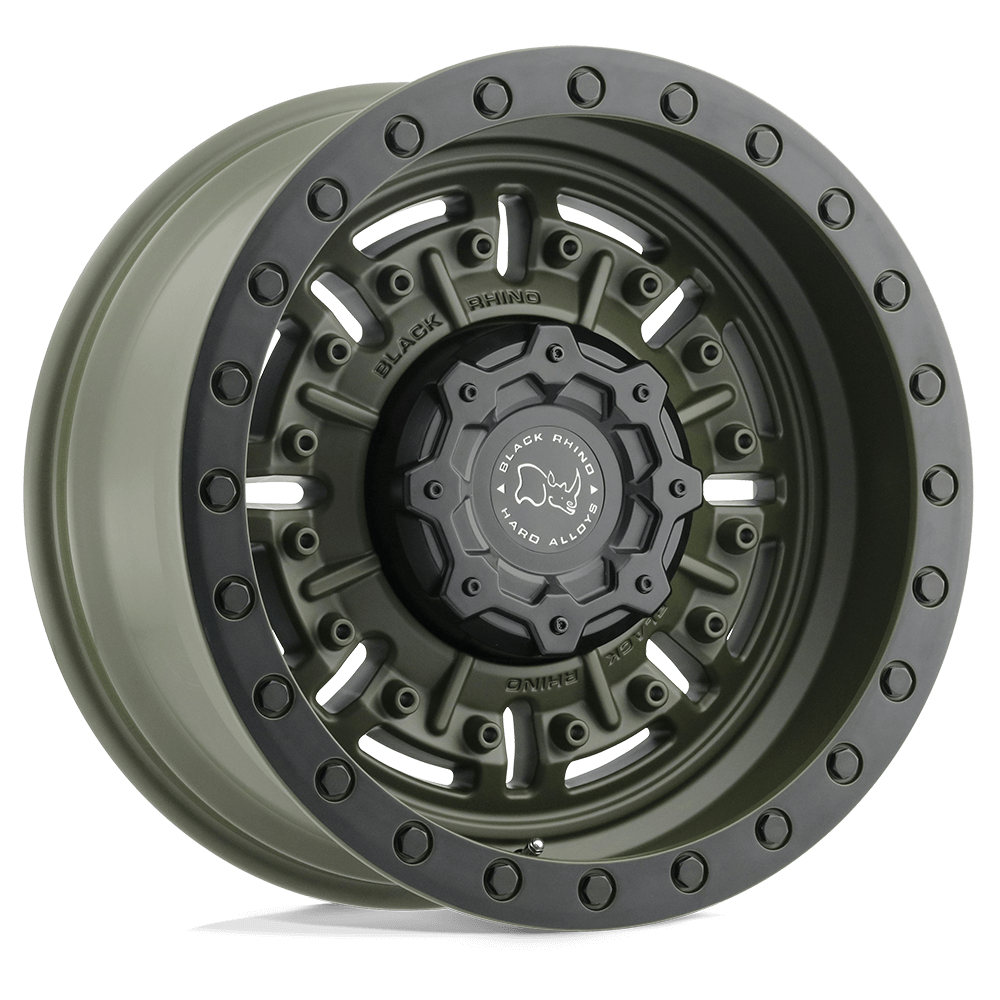 Black Rhino ABRAMS Olive Drab Green wheel showcasing rugged design and aggressive deep lip for trucks.