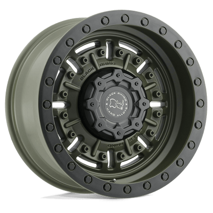 Black Rhino ABRAMS Olive Drab Green wheel showcasing rugged design and aggressive deep lip for trucks.