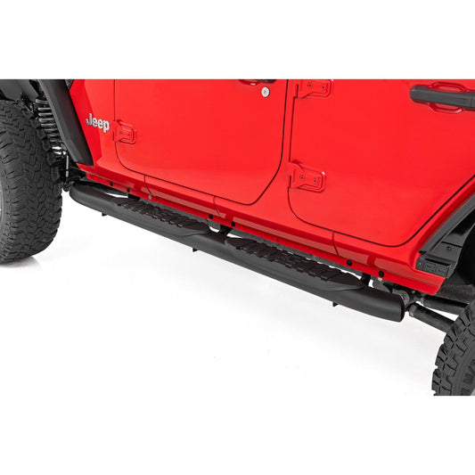ROUGH COUNTRY Oval Nerf Steps | 4 Door | Black | Jeep Wrangler Unlimited 4WD (2018-2025) | 21016