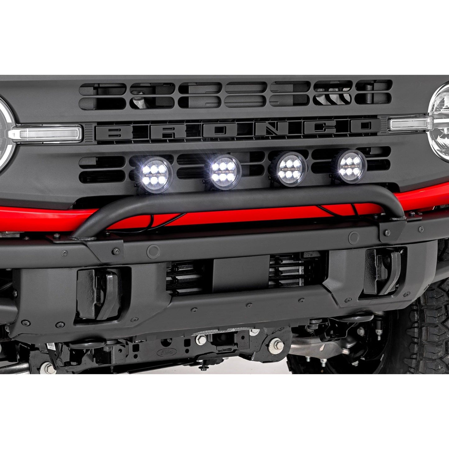 ROUGH COUNTRY Light Bar Mount | 3.5" Round LED (Quad) | Black | Amber DRL | OE Modular Steel | Ford Bronco (21-24) | 51136