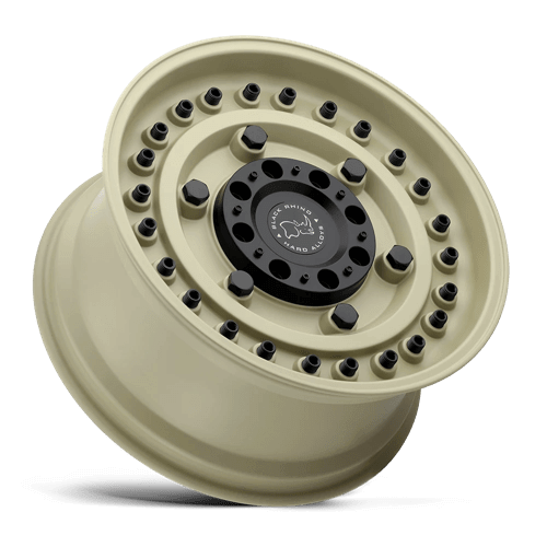 Black Rhino ARMORY Desert Sand off-road wheel showcasing rugged design and tactical style for off-highway vehicles.