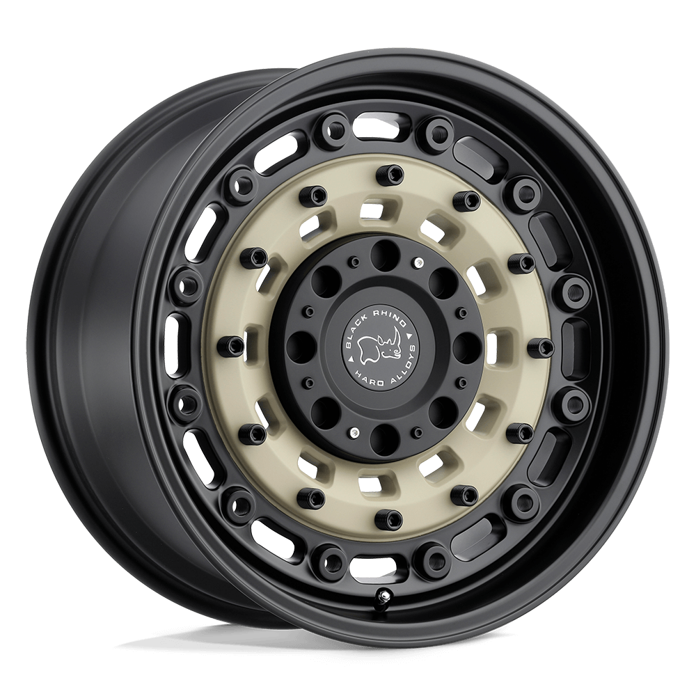 Black Rhino ARSENAL Sand On Black wheel showcasing a military-inspired design with bolted face and tactical accents.