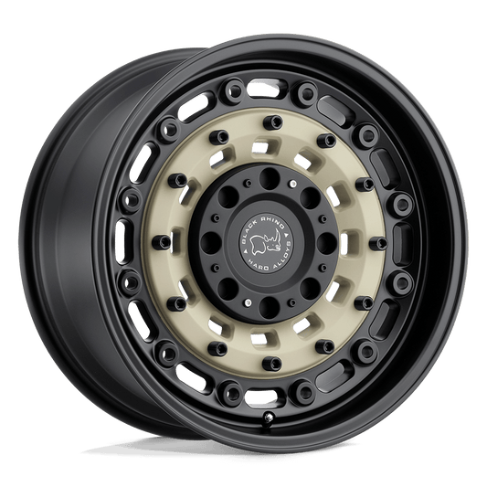 Black Rhino ARSENAL Sand On Black wheel showcasing a military-inspired design with bolted face and tactical accents.