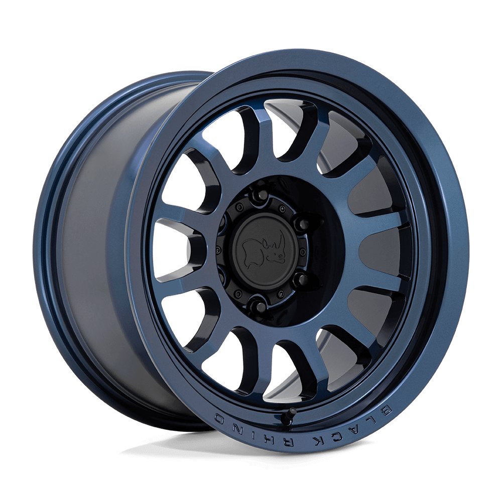Black Rhino RAPID Midnight Blue wheel with multi-spoke profile and engraved text, perfect for off-road adventures.