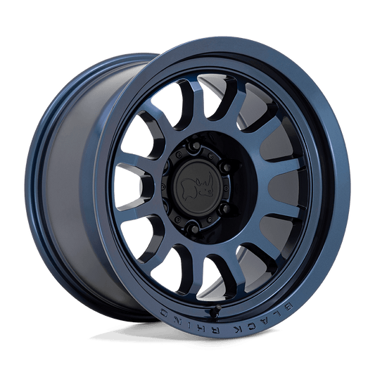 Black Rhino RAPID Midnight Blue wheel with multi-spoke profile and engraved text, perfect for off-road adventures.
